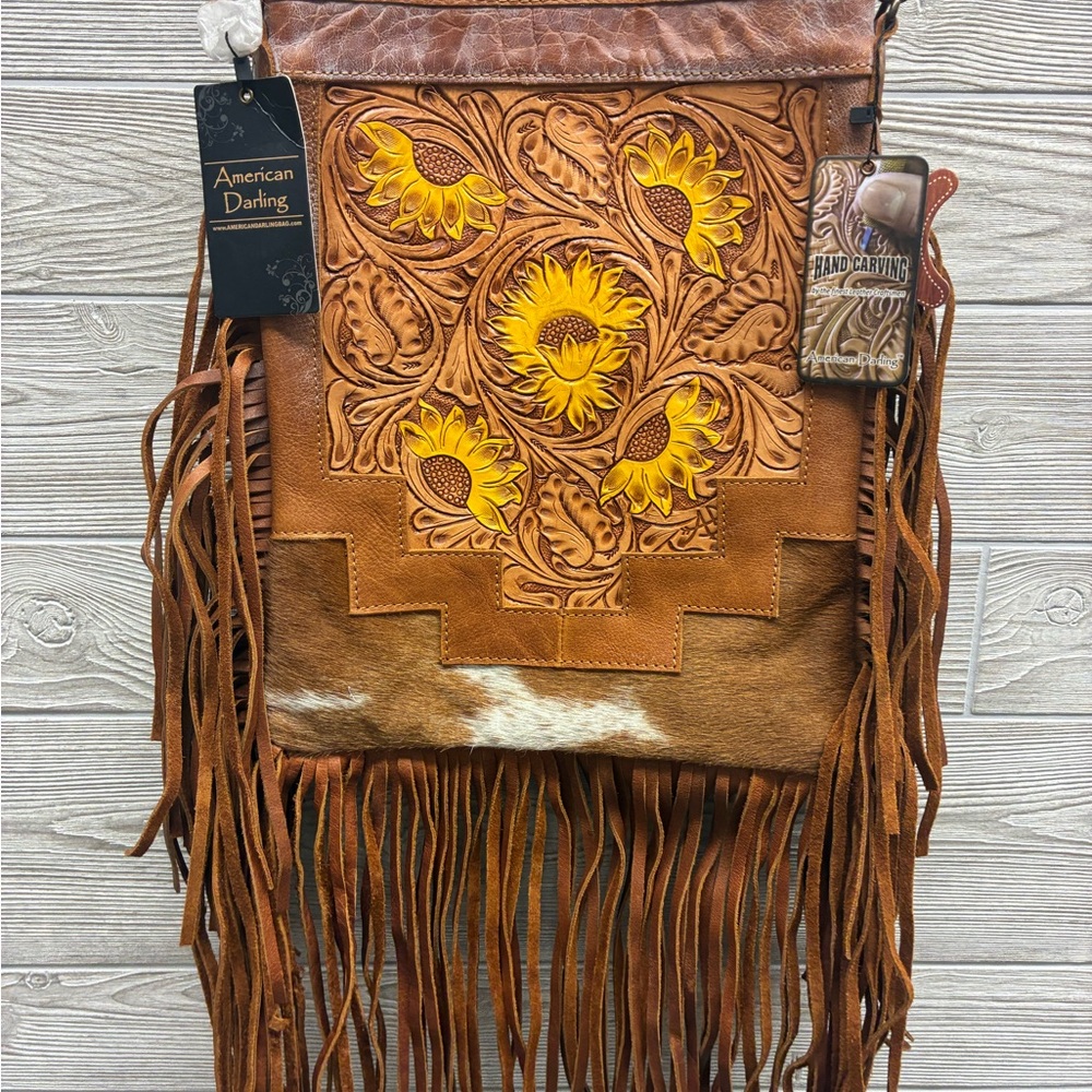 American Darling Hand Tooled Sunflower Leather Cowhide with Fringe Crossbody